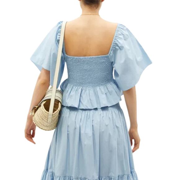 RHODE Elena Shirred Cotton Poplin Top Peplum Ruffle Hem Light Blue Size Small - Picture 3 of 7